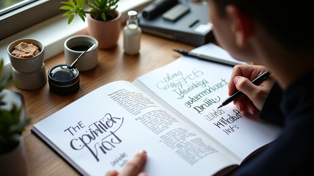 Scrivania di designer con campioni di font, taccuino e penna, luce naturale, vista dall'alto