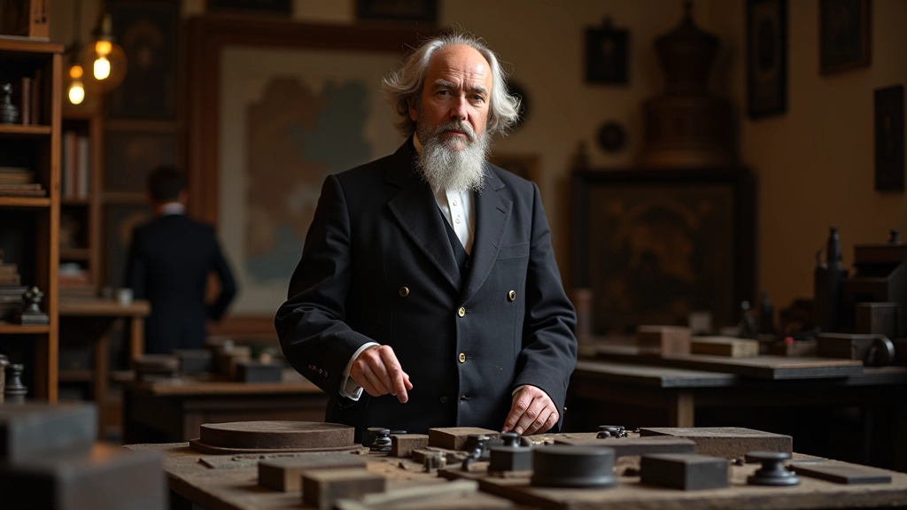 Ritratto di Giambattista Bodoni in studio storico, libri di caratteri intorno, luce naturale