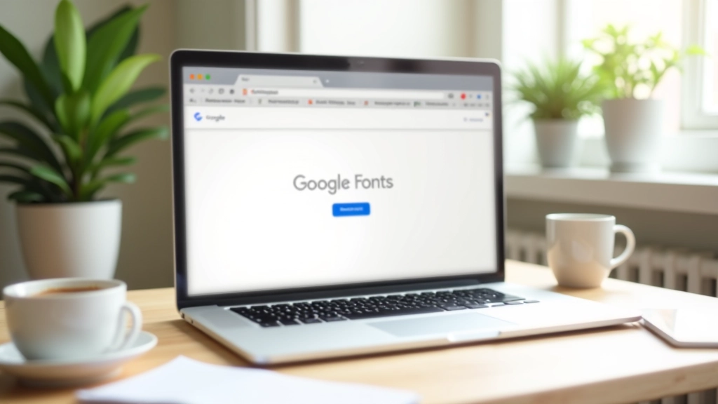 Laptop con Google Fonts aperto, ambiente studio luminoso, pianta verde accanto, caffè sul tavolo