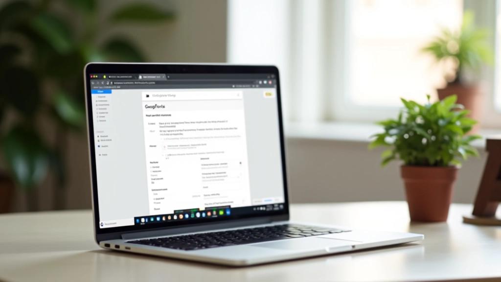 Laptop aperto con Google Fonts visibile, ambiente studio luminoso, pianta verde accanto