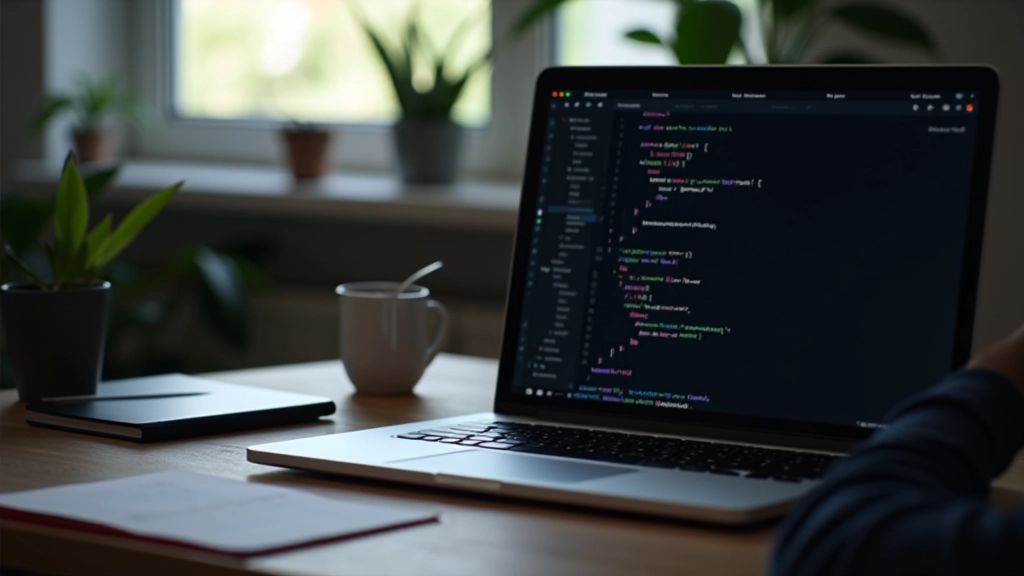 Portatile aperto su scrivania con editor di testo e browser affiancati, test di font in tempo reale, ambiente di sviluppo web, luce naturale