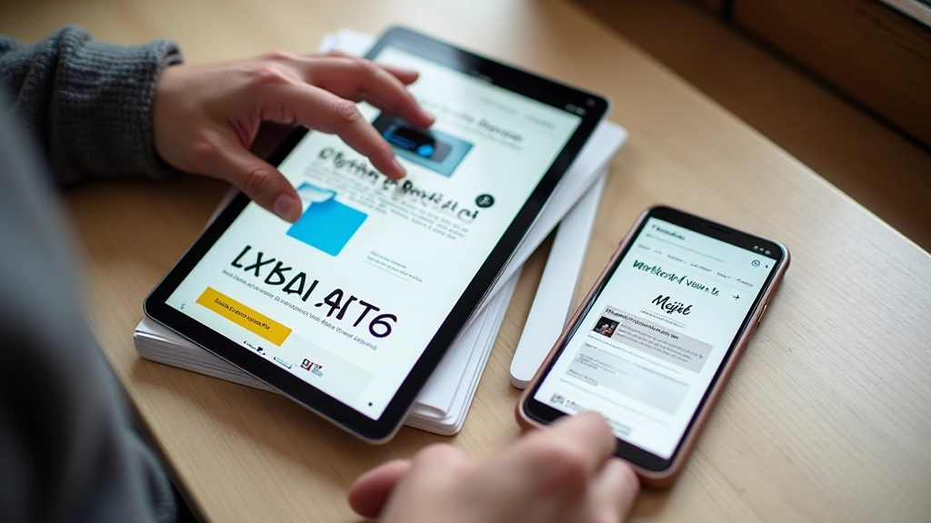 Tablet e smartphone disposti su scrivania con pagine web aperte, confronto di leggibilità tra dispositivi, illuminazione naturale, ambiente di lavoro design