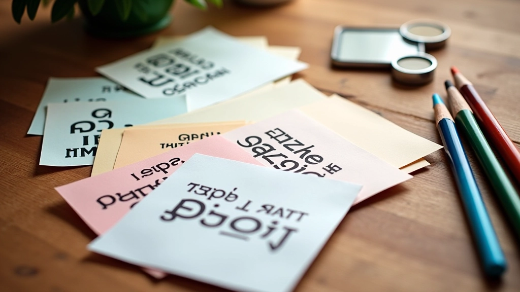 Tavolozza di colori e campioni tipografici su tavolo di legno, matite colorate, luce morbida
